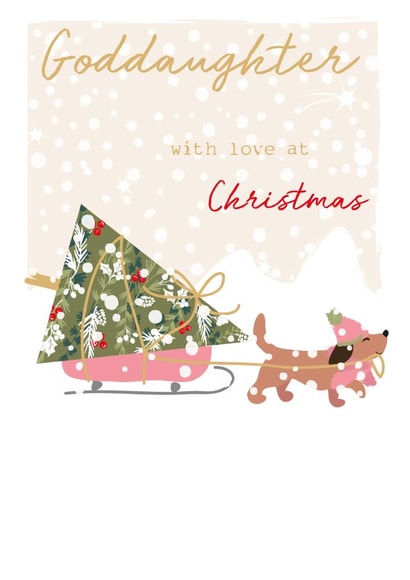 Classic Christmas Card - For Goddaughter - Cute Sausage Dog with Tree on Sleigh created by SABIVO Design by Sabina
