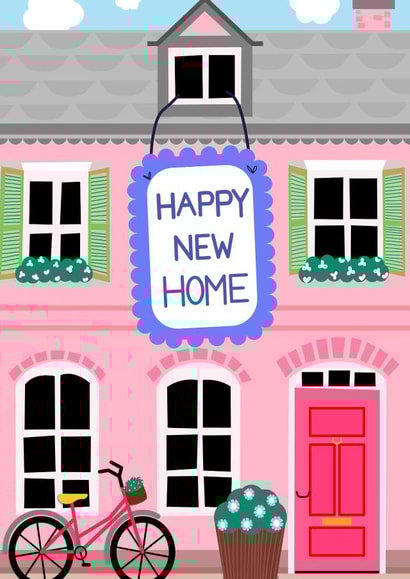 Cute New Home Card - Pink House With Bicycle created by EllaBellaBlue