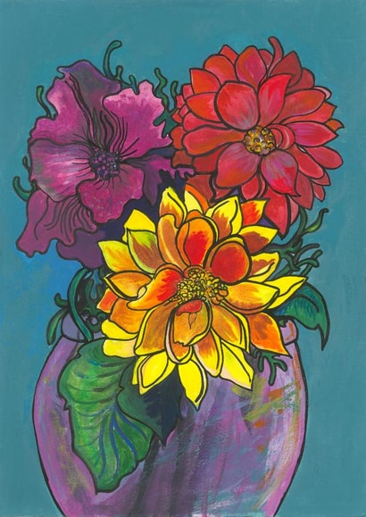 Dahlia card floral still life, thinking of you blank card created by Plant Based Paintings