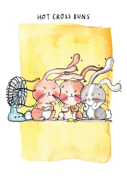 Cute Bunny Rabbit Card - Hot Cross Buns - Holiday Weather Silly Grumpy created by Jelly Armchair