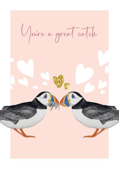 Cute anniversary card - Puffins - You're a great catch created by Heather Trefusis Art