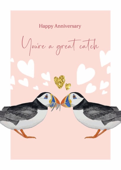Cute anniversary card - Puffins - You're a great catch created by Heather Trefusis Art