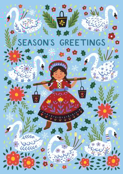 Pretty Christmas Card - Twelve Days Of Christmas - Swans Swimming & Maids Milking created by Pear Tree Press