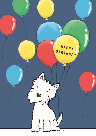 Cute Happy Birthday Card - Westie Dog - Balloons created by Lucy Driver