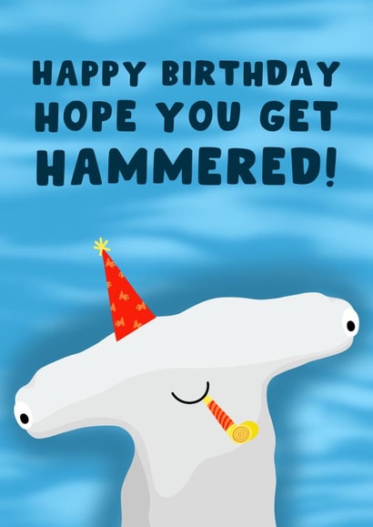Funny Birthday Card - Hammerhead Shark - Party Hat - Drinking Pun created by Pink Peach Cards