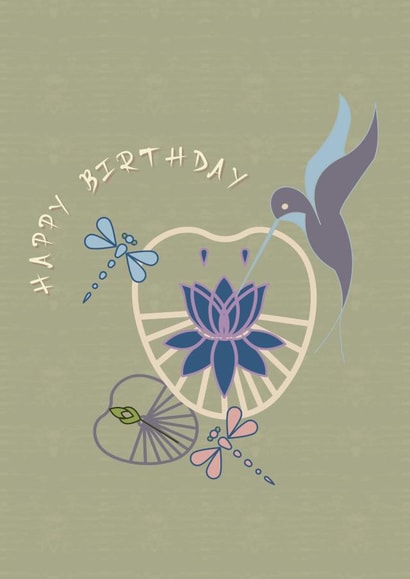 Happy Birthday card, with Hummingbird, Lily Pad, Dragonfly, and Waterlily! created by May Annella