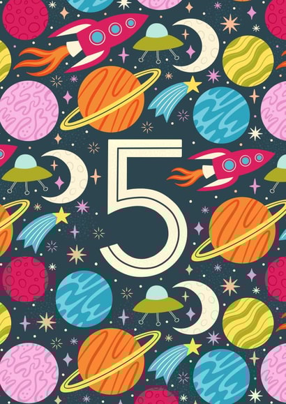 Fun 5th Birthday Card - Outer Space - Planets, Stars and Spaceships created by Alice Griffiths Illustration