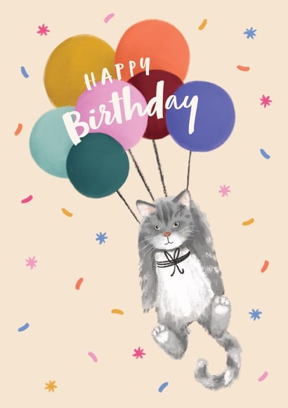 Cute Birthday Card - Cat with Balloons created by Debbie Daley Illustrations