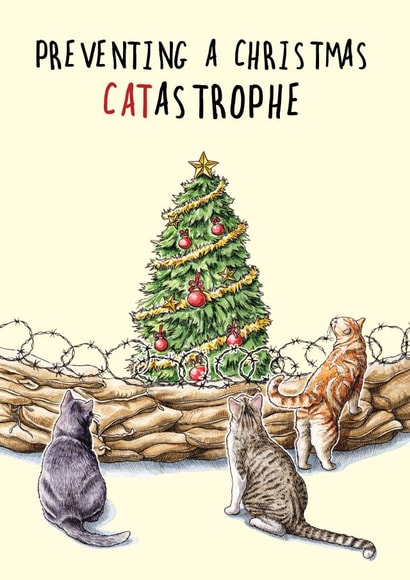 Funny Christmas Card - Tree Decorations - Cat - Catastrophe - Pun created by Bewilderbeest