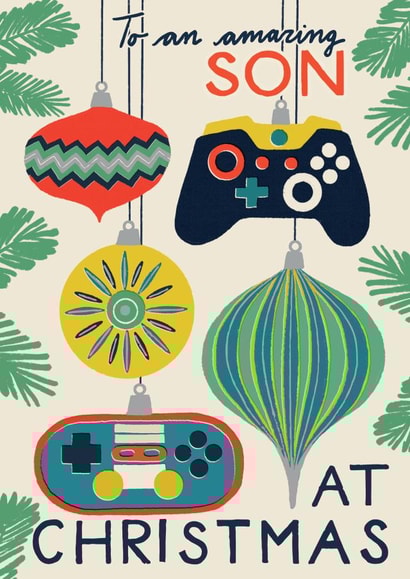 Retro Christmas Card - For Son - Gamer Baubles created by Laura Darrington Design Ltd.