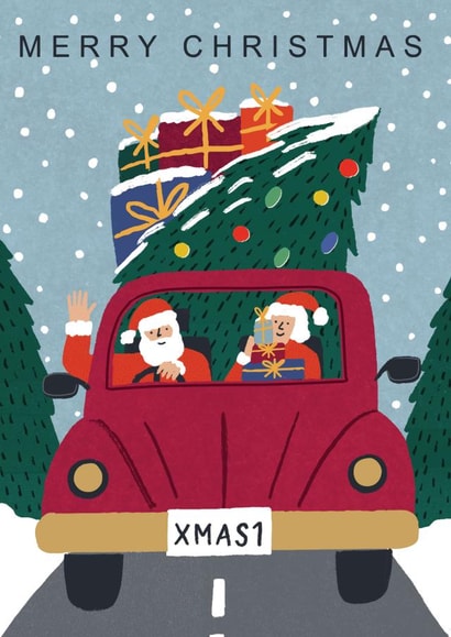 Retro Christmas Card - Santa & Mrs Claus - Driving Home For Christmas created by Laura Darrington Design Ltd.
