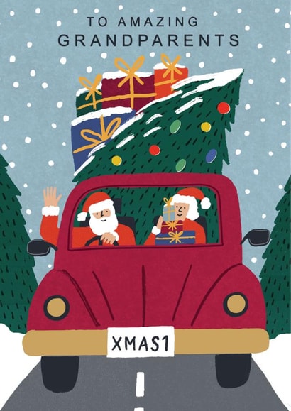 Retro Christmas Card - For Grandparents - Driving Santa & Mrs Claus created by Laura Darrington Design Ltd.
