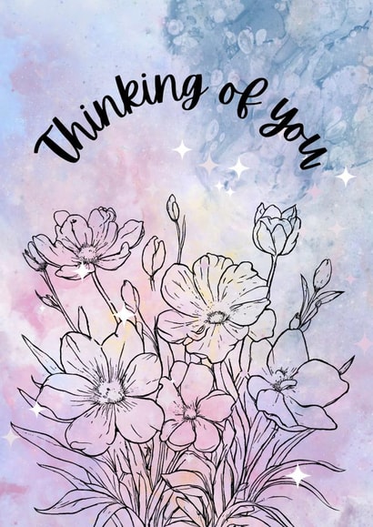 Thinking of You Card with Floral Lineart and Watercolors created by JoileFleurViolette101