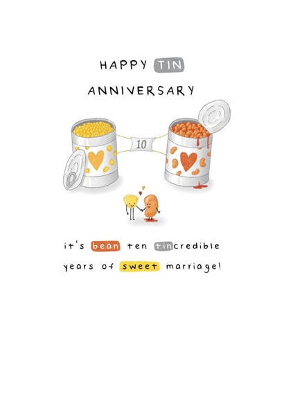 Cute Anniversary Card - 10 Years - Tin Milestone - Beans - Pun created by Larry the Match