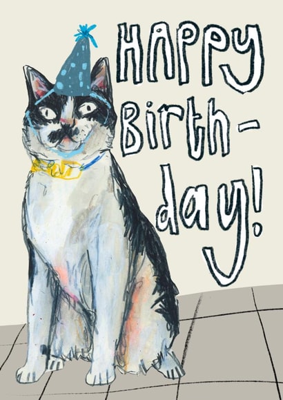 Arty Birthday Card - Cat - Party Hat created by Harriet Lowther