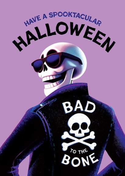 Funny Halloween Card - Skeleton - Bad to the Bone - Spooktacular - Pun created by Folio | Ian Owen