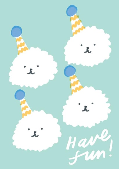 Cute Birthday Card - Fluffy Dogs - Party Hats - Have Fun created by Leanne McBrien