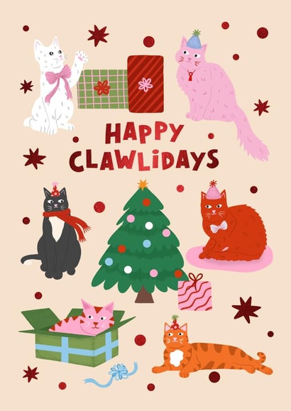 Cute Christmas Card - Happy Clawlidays - Cats created by @tikkled.pink