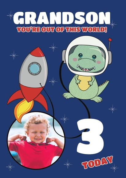 Cute 3rd Birthday Photo Card - For Grandson - Space Dinosaur created by @Cupsie's Creations