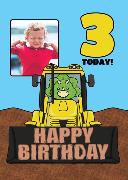 Cool 3rd Birthday Photo Card - For Kids - Triceratops Dinosaur and Diggers created by @Cupsie's Creations
