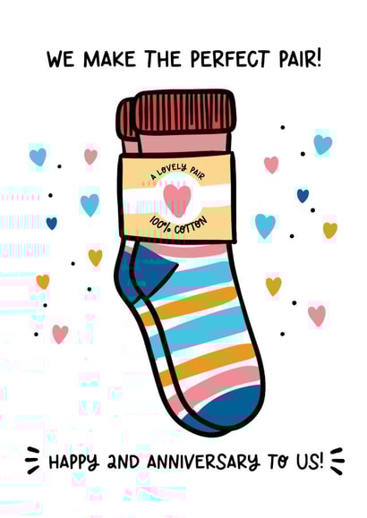 Cute 2nd Anniversary Card - Pair Of Socks - Cotton created by Lyndsay Moon