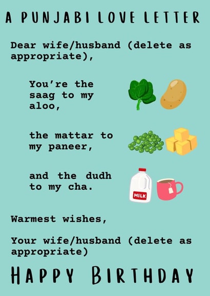 Funny Birthday Card - For Significant Other - Punjabi Love Letter - Foodies created by Sukhi Writes Stuff