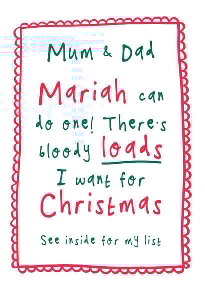 Funny Christmas Card - For Parents - Christmas List - Mariah Carey created by Bow & Bell