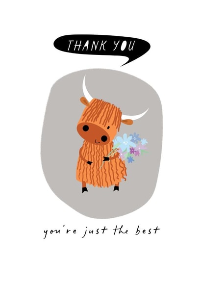 Cute Thank You Card - Highland Cow - Flowers created by Pink Pig