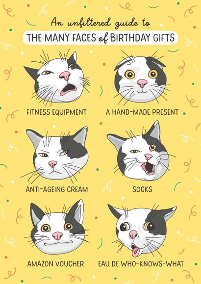 Funny Birthday Card - Cats - The Many Faces Of Birthday Gifts! created by Evie Garnett Designs