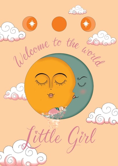Cute new born baby girl card-moon sun universe- welcome to the world little girl created by rachels_type