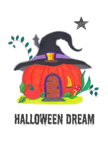 cute and colourful Halloween dreams pumpkin house fantasy card for friends. created by Artpatch Printables