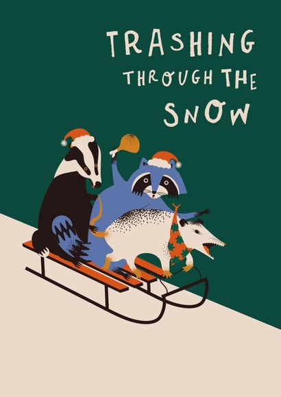 Funny Christmas Card - Mischievous Animals - Racoon - Trashing Through the Snow created by Betiobca