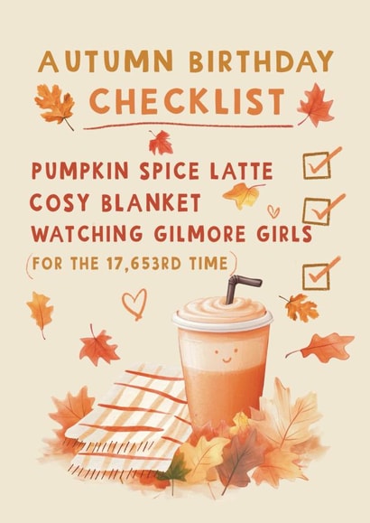 Cute Birthday Card - Autumn Checklist - Cosy created by Giddy Kipper