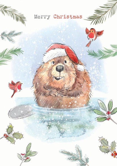 Cute Christmas Card - Beaver and Robins - Merry Christmas created by Paper Shed Design