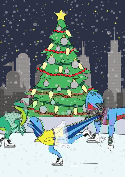 Funny Christmas Card - City Ice Skating Dinosaurs created by Dinosaurs Doing Stuff
