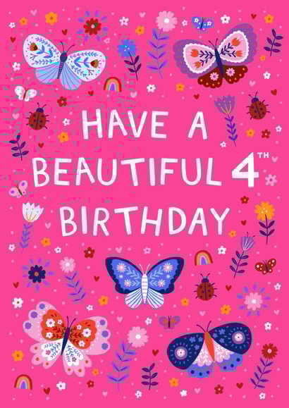 Cute 4th Birthday Card - Butterflies And Ladybirds - For Her created by Pear Tree Press