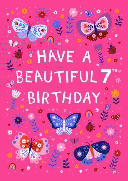 Cute 7th Birthday Card - Butterflies And Ladybirds - For Her created by Pear Tree Press