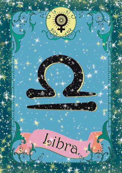 Pretty zodiac birthday card for Libra astrology star sign, September October created by Violet Spicer