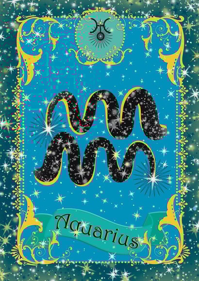 Pretty zodiac birthday card for Aquarius astrology star sign, January February created by Violet Spicer