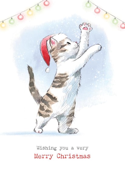 Cute Christmas Card - Merry Christmas - Cat With Fairy Lights created by Paper Shed Design