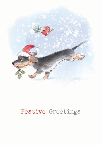 Cute Christmas Card - Festive Greetings - Dachshund Running With Robin created by Paper Shed Design