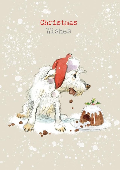 Cute Christmas Card - Christmas Wishes - White Dog Eating Christmas Pudding created by Paper Shed Design