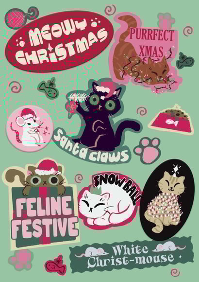 Funny Cat Lover Christmas Card - Sticker Illustration All Christmas Paw Puns created by Quitting Hollywood