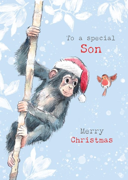 Cute Christmas Card - For Son - Chimpanzee And Robin created by Paper Shed Design
