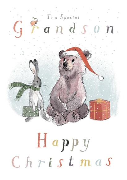Cute Christmas Card - For Grandson - Bear Hare & Mouse created by Paper Shed Design