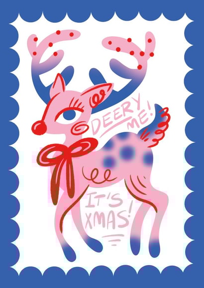 Cute Pun Christmas Card - Pink Reindeer - Deery me! It's Xmas! created by Angharad Ffion Design