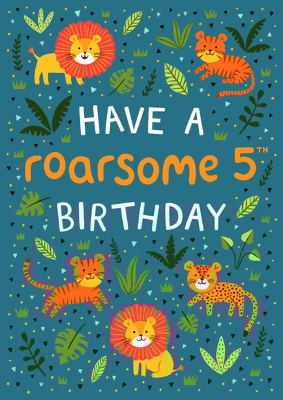 Cute 5th Birthday Card - Lions, Tigers & Leopards - Roarsome created by Pear Tree Press