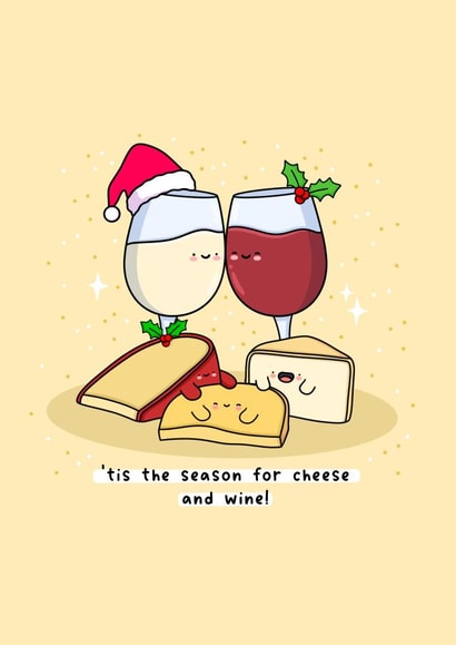 Cheese and wine Christmas card - cheesy - wine - Punny - Kawaii - funny created by Rosalie Perl
