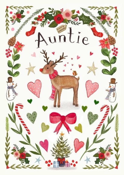 Pretty Christmas Card - For Auntie - Rudolph created by Love Lucy Illustration