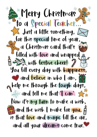 heartfelt Christmas Card - Special Teacher - Poem created by And You Can Quote Me